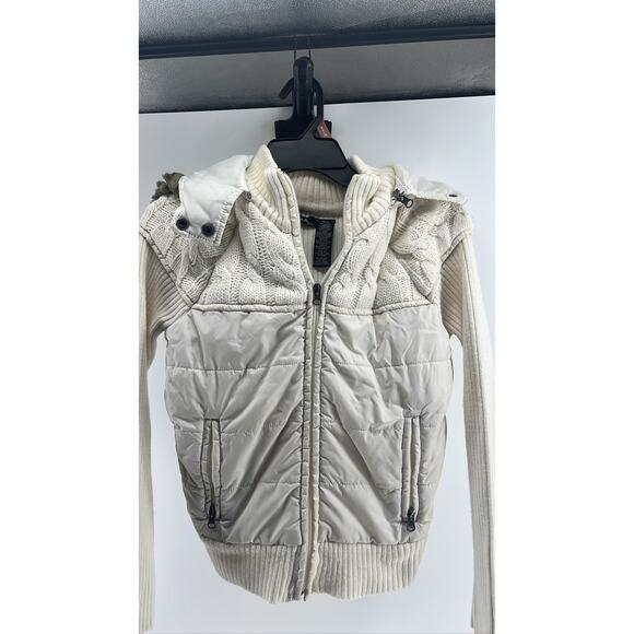 Women's M Puffer Vest Sweater Knit Sleeve Hooded Full Zip - Picture 1 of 3